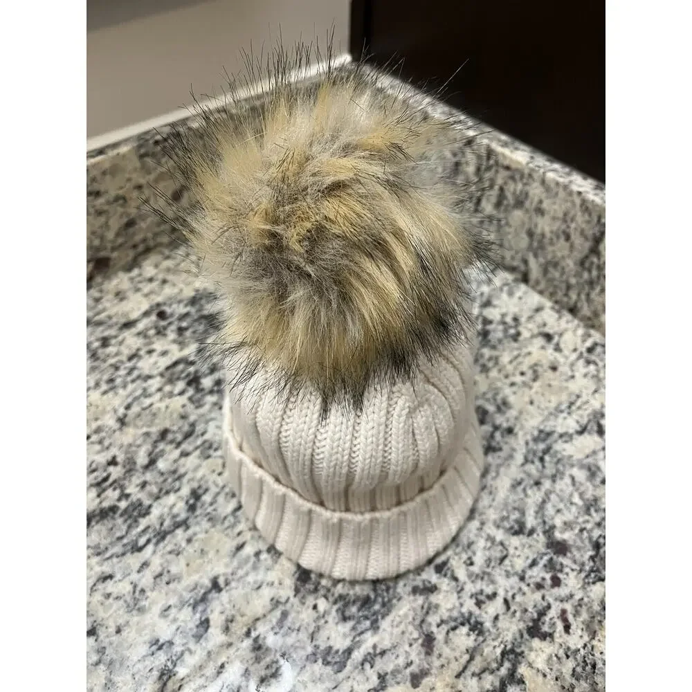 J CREW Hat Womens OS Ribbed Cuffed Pom-Pom Beanie NWOT Knit Cotton Ivory